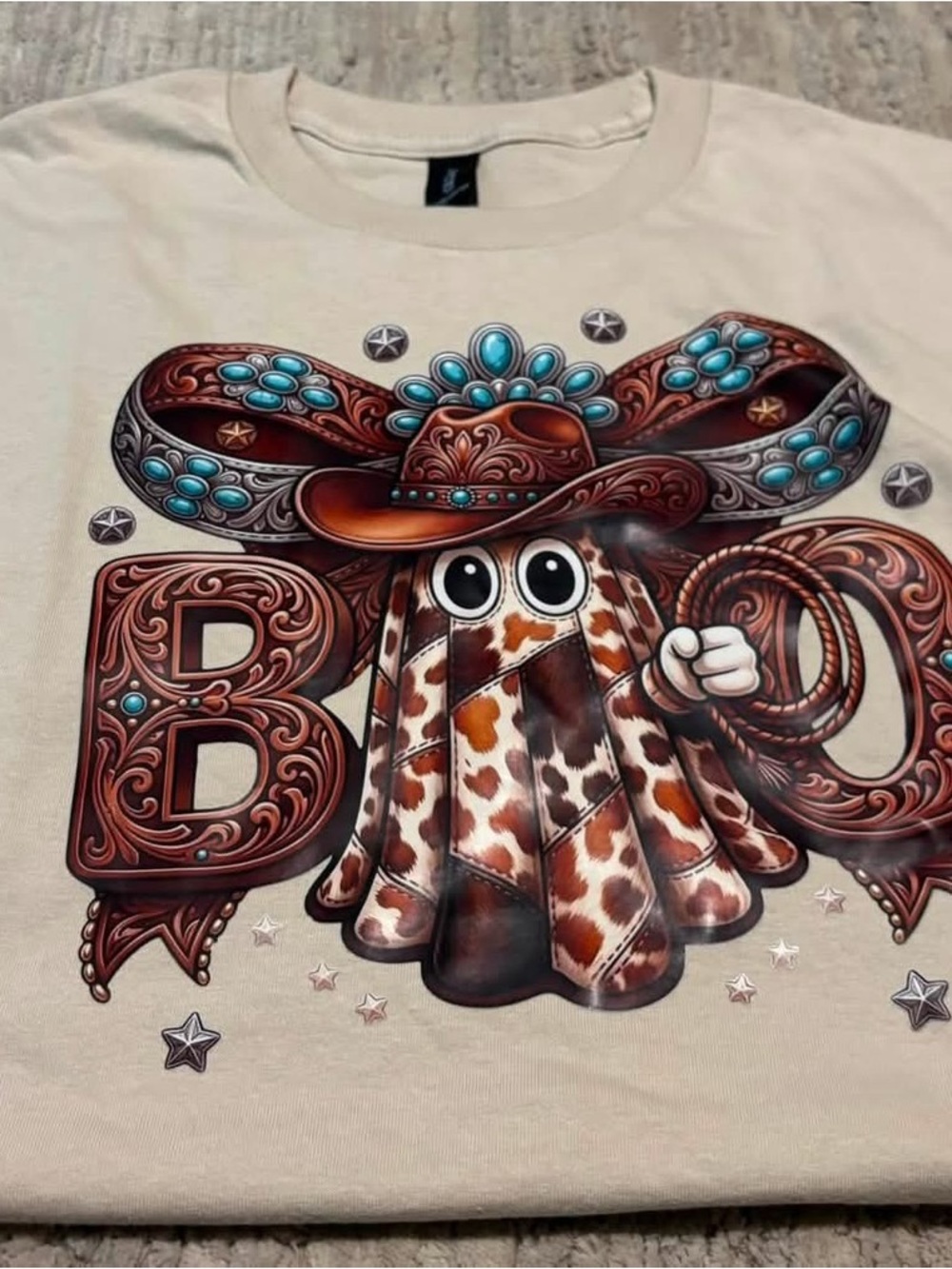 Adult Small Beige Graphic Western Ghost Tee - Classic Cowboy Print